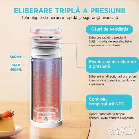 Преносима електрическа кана, 3 в 1, електрически термос, 500 ml, 4 температурни нива, LCD дисплей, б, снимка 3 - Кани - 54838413