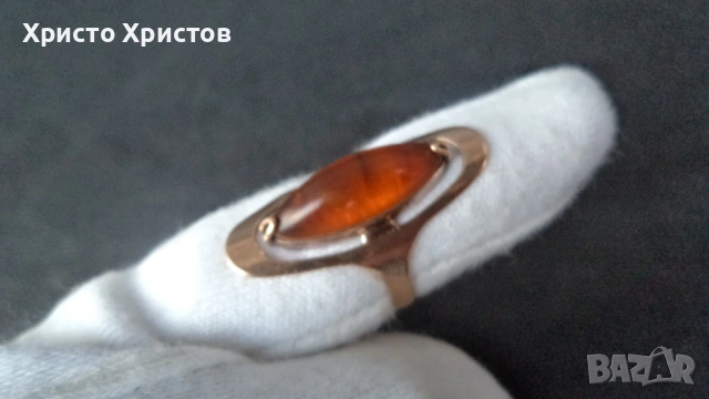 Златен руски СССР пръстен с натурален кехлибар, снимка 4 - Пръстени - 54127852