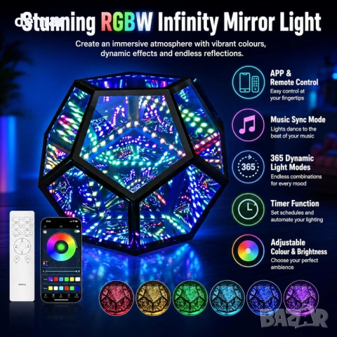 RGBW Infinity Mirror LED лампа с дистанционно и APP контрол (умно осветление), снимка 2 - Настолни лампи - 54910135