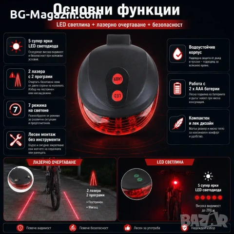 Задни светлини за велосипед LED лазер стоп за колело на батерии безопасност на пътя при колоездене, снимка 2 - Аксесоари за велосипеди - 50963177