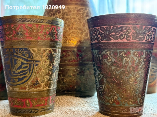Уникален старинен ориенталски сервиз от месинг (мед 70% и цинк 30%) – кана с 5 чаши, снимка 15 - Други - 54882392