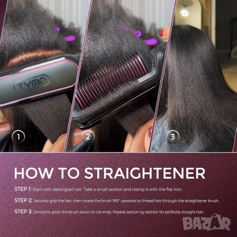 Четка преса за коса TYMO Flat Iron Hair Straightener Brush 2 in 1 200M Ions Ceramic Black, снимка 8 - Преси за коса - 54683636