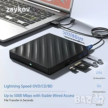 Wbacon 5 в 1 външно Blu Ray устройство, преносим Blu Ray плейър с USB 3.0 Type-C, снимка 5 - Друга електроника - 54644375