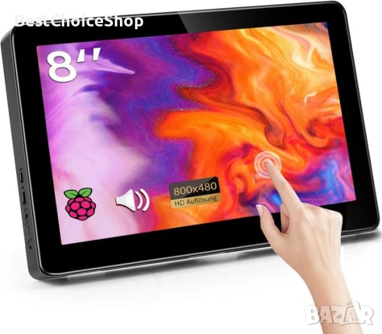 8-инчов мини монитор с тъчскрийн HD 800x480 с HDMI портове, вградени високоговорители и стойка.