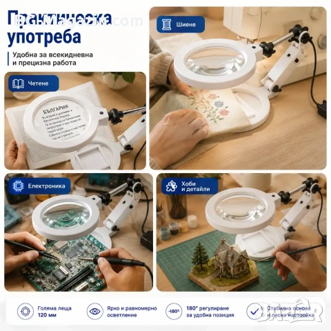 Професионална голяма увеличителна настолна лупа с LED осветление за четене гоблени бродиране шиене, снимка 4 - Други инструменти - 50921104