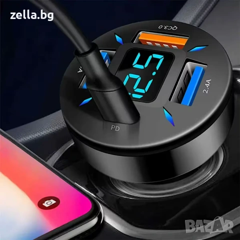 Универсално зарядно за кола с 4 USB порта + Type-C PD & QC 3.0 и дигитален волтметър, 12-24V 10009, снимка 6 - Друга електроника - 54655904