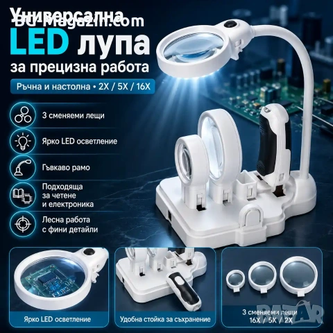 Увеличителна ръчна и настолна лупа с LED осветление сменяеми лещи регулируемо рамо за четене гоблени