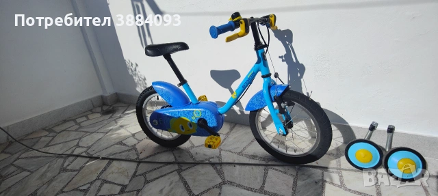 Детско колело Btwin 500 Ocean, 14", синьо, с помощни колела – 3-5 години, снимка 12 - Велосипеди - 55175964