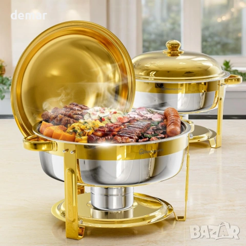 Комплект за бюфет WARMOUNTS 6L Gold Chafing Dish, 2 броя, кръгли затоплящи чинии с капак