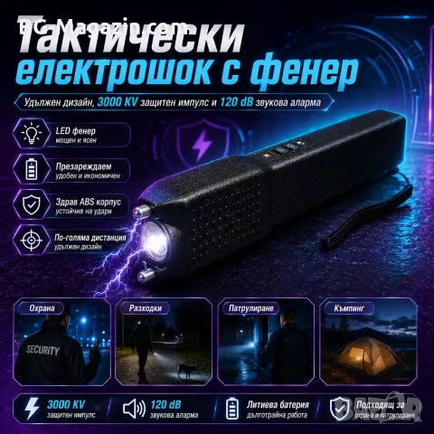 Мощен акумулаторен електрошк с фенер кучегон със звукова аларма палка за самозащита кучета охрана, снимка 9 - Оборудване и аксесоари за оръжия - 51014752