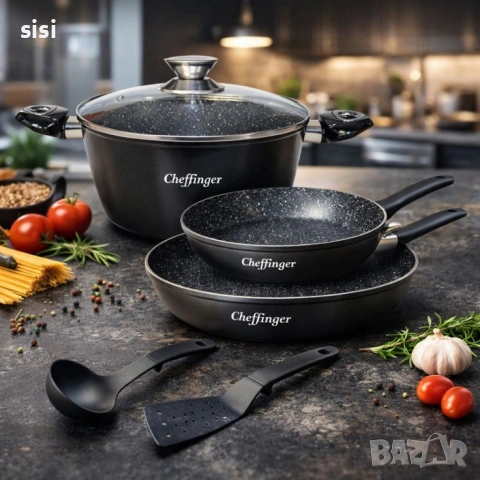 Комплект съдове за готвене 6 части Cheffinger – тенджера 24 см, тигани 24 и 28 см, за индукция, снимка 2 - Съдове за готвене - 55083644