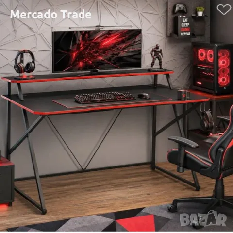 Геймърско бюро Mercado Trade, С повдигната поставка за монитор, Черен