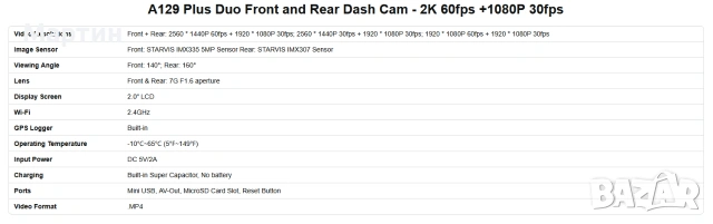 VIOFO A129 Plus Duo QHD+FHD DUAL Wi-Fi Dash Cam, снимка 4 - Друга електроника - 55127760