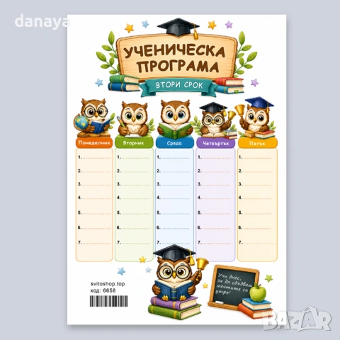 6658 Двустранна ученическа програма за училище, дизайн с бухалчета, формат А4, снимка 2 - Ученически пособия, канцеларски материали - 54485251