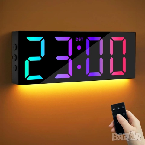 Дигитален Стенен Часовник 12" RGB LED с Дистанционно, Дата и Будилник