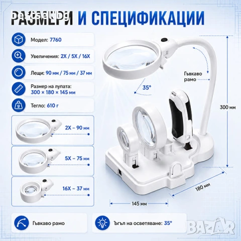 Ръчна и настолна лупа лед осветление за четене бродиране гоблени шиене, снимка 5 - Други инструменти - 29094174