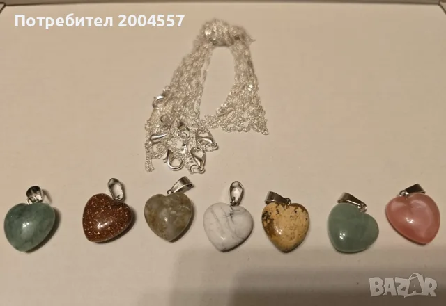 Колиета Сърца от естествени камъни със Сребърна верижка проба 925, снимка 2 - Колиета, медальони, синджири - 55398724