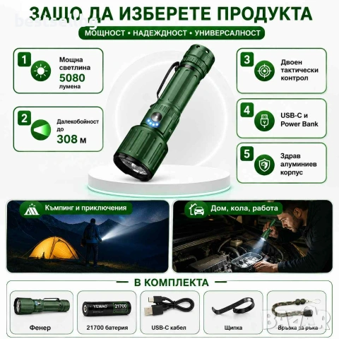 Мощен тактически акумулаторен фенер YEMAO 5080 лумена 3x KX50 LED USB-C Power Bank един бутон, снимка 5 - Къмпинг осветление - 55154537