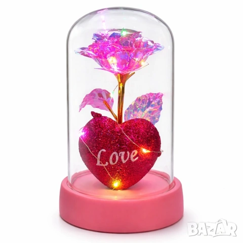 Светеща роза в купол LOVE – романтичен подарък с LED светлини, снимка 3 - Романтични подаръци - 54100476
