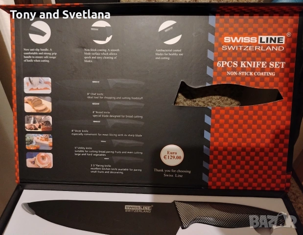 SWISSLINE SWITZERLAND комплект от пет кухненски ножа + керамична белачка , снимка 5 - Сервизи - 54066933