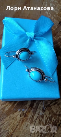 Тюркоазени обеци овални с изискан финес. Фините тюркоазени камъни са в морско свежо синьо, снимка 5 - Обеци - 54000113