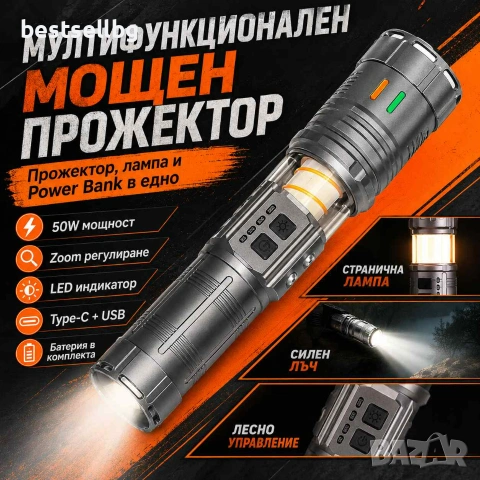 Мощен акумулаторен прожектор фенер YEMAO 1400 лумена 1000 м USB-C Power Bank къмпинг лампа и zoom, снимка 9 - Къмпинг осветление - 55154493