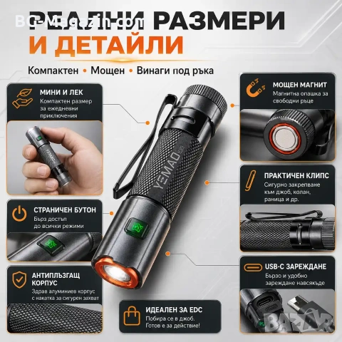 Мини мощен фенер YEMAO M52 – 1500 Лумена, 2 акумулаторни батерии, магнит и USB-C зареждане, снимка 6 - Къмпинг осветление - 54027538