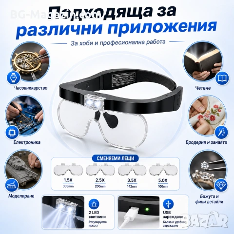 Акумулаторна увеличителна лупа за глава LED осветление очила за четене гоблени бродерия шиене мощна, снимка 6 - Други инструменти - 50919331