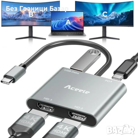 Нов 4 в 1 хъб USB-C към Dual HDMI адаптер 4K 60Hz за Windows MacBook Chromebook
