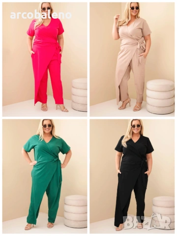 Дамски памучен гащеризон Plus Size с връзки на талията, 4цвята 