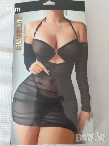 L/XL Черна прозрачна,еластична рокля с ръкавици и прашка , снимка 4 - Бельо - 55423241