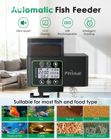 Автоматична хранилка за риби Petbank с програмиране, LCD дисплей и вградена батерия, снимка 8 - Оборудване за аквариуми - 54922702