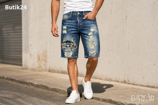 Мъжки къси дънкови панталони Dsquared2 Slim Jean — син wash, slim fit, tribal masks бродерия — IT 42