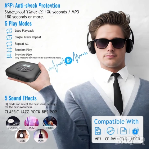 Преносим CD плейър CD206BF с Bluetooth, високоговорители и акумулаторна батерия, снимка 6 - MP3 и MP4 плеъри - 54930637