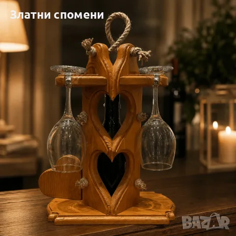 Дървена поставка за бутилка и 2 чаши, снимка 3 - Подаръци за рожден ден - 55642101