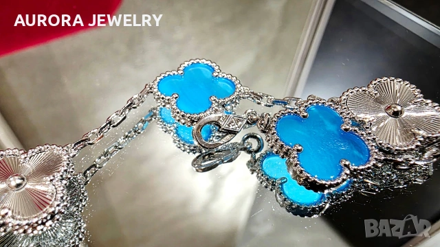Van Cleef & Arpels VCA 5 Motifs Silver Blue Agate Clear Vintage Alhambra Дамска Гривна, снимка 6 - Гривни - 54736911
