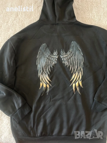 Черен унисекс суитшърт с качулка и ефектен принт “Angel Wings” – XL – Нов