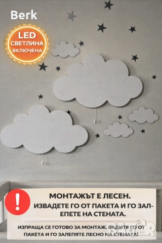 LED детска нощна лампа ,, ОБЛАК”- 2 комплекта, снимка 2 - Лампи за стена - 54162896