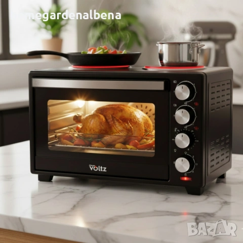 Готварска печка Voltz с фурна и 2 котлона 3200W компактна електрическа 40/48 литра