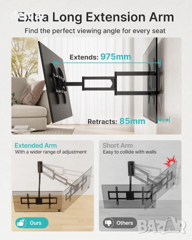 Pegzone поставка за телевизор/монитор стенен монтаж, 37–86”, VESA до 600x400, удължена 975 мм, 50кг, снимка 4 - Стойки, 3D очила, аксесоари - 55220744