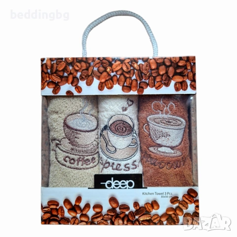 Комплект 3бр. Кухненски Кърпи 100% Памук "Coffee" - 30/50см, снимка 2 - Хавлиени кърпи - 54027154