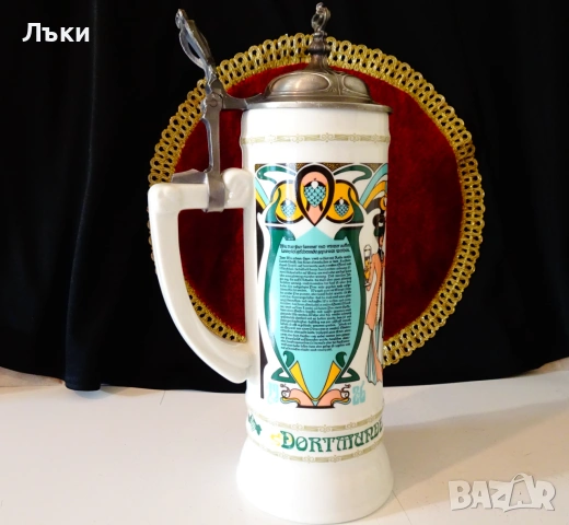 Порцеланова халба с капак от калай 30 см.,Art Nouveau. , снимка 4 - Антикварни и старинни предмети - 55179612