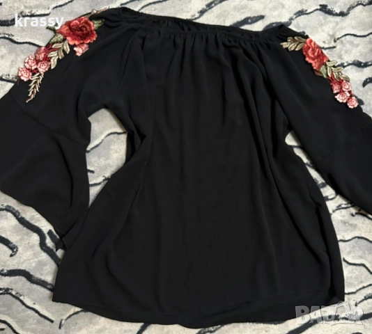 Голяма дамска блуза с голи рамене и бродерия (раьмер 3ХЛ)