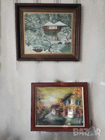 ПРОМО-2бр.за 65€ Маслена живопис зимен пейзаж дървена рамка,паспарту и стъкло,сертификат 58/50