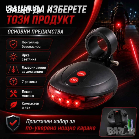Задна LED светлина за колело стоп с 2 лазера и 7 режима стопче за велосипед, снимка 4 - Аксесоари за велосипеди - 29106476