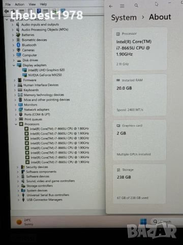 15.6 Lenovo T590`Core i7-8665U/20GB RAM/256GB SSD/Nvidia MX 250/Full HD IPS/Бат 5ч, снимка 8 - Лаптопи за игри - 54929007