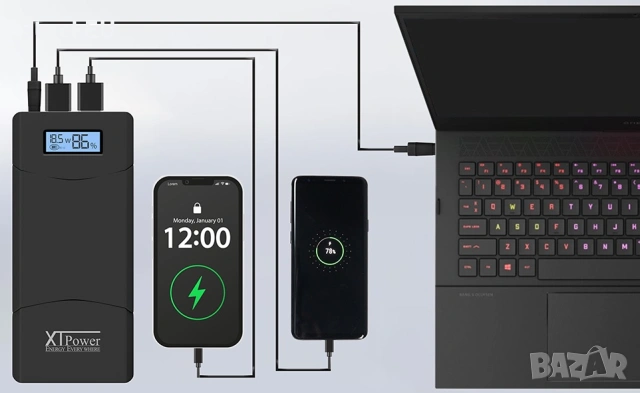 Външна батерия за зареждане на лаптоп XT-20000QC3 20100mAh 5V 65W Power Bank Бързо зарядно , снимка 2 - Друга електроника - 54351649