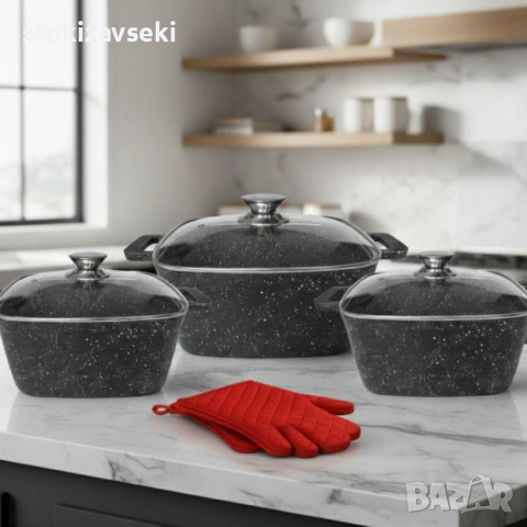 Комплект тенджери – Cheffinger от 3 части с мраморно покритие и капаци + подарък 2 ръкавици, снимка 2 - Съдове за готвене - 54138471