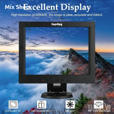 Нов 12-инчов цветен TFT LCD монитор за видеонаблюдение (CCTV) с резолюция 800x600 съотношение 4:3 , снимка 3 - Друга електроника - 55391201