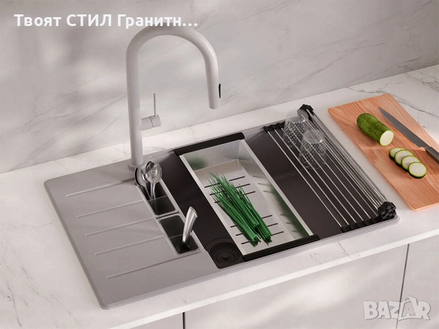 Сив кухненска мивка от гранит Копенхаген 780x500 SmartSpace Top 60, снимка 4 - Мивки - 54463616